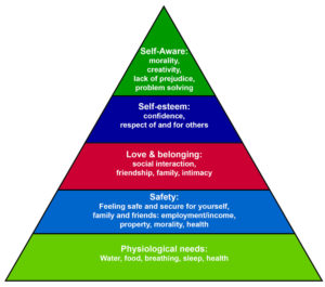 Maslows Hierarchy of Needs with our basic needs shown at the bottom