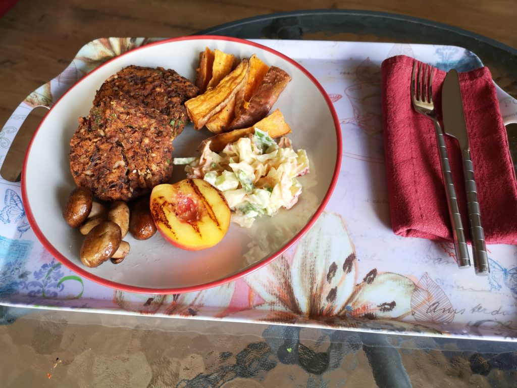 VeganTeriyaki Black Bean Burger with sweet potato fries